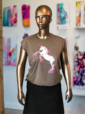 Gold mannequin wearing the rolled cuff Roller Skating Unicorn shirt in Heathered Olive. It is paired with a black Texture brand skirt. 