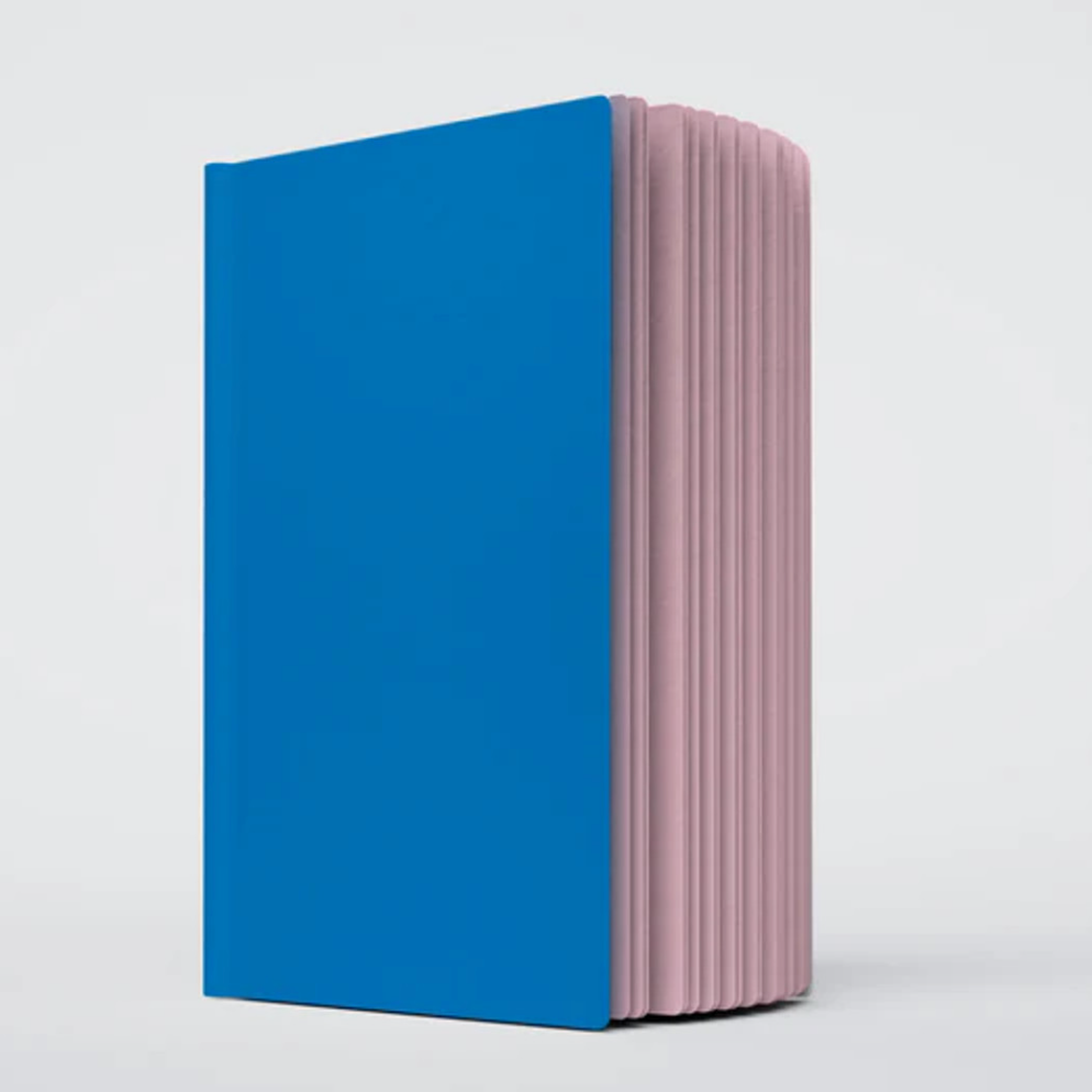 A close up photo of the Pluto ugly book sketchbook. The cover is blue and the pages are light pink colored.