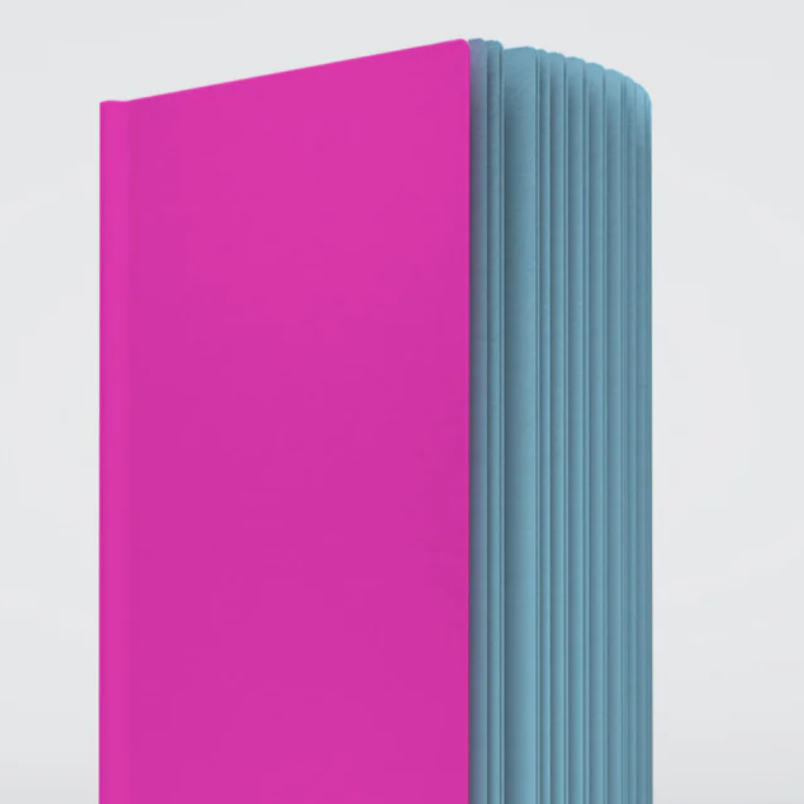 A close up photo of the sprinkles ugly book sketchbook. The cover is bright pink and the pages are teal colored.