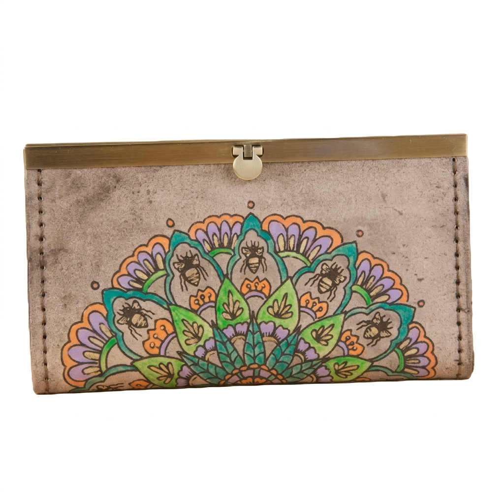 Wallet with a bee mandala design on a wooden surface. 