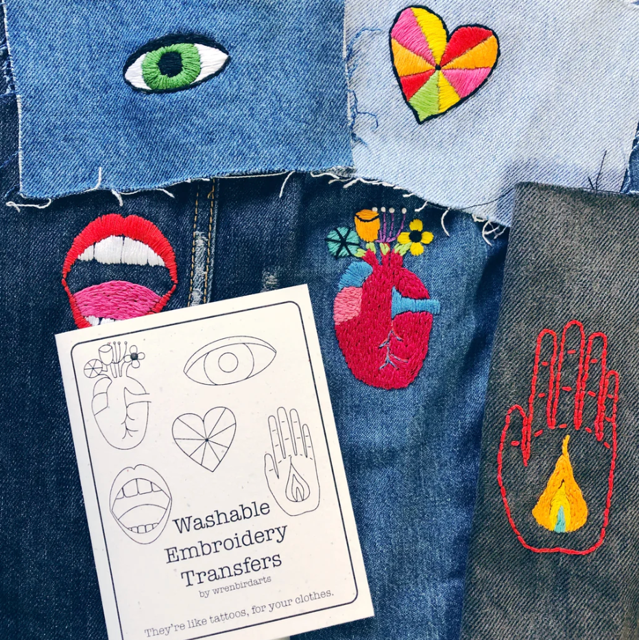 A stitched up example of each of the designs in the washable embroidery transfer pack.