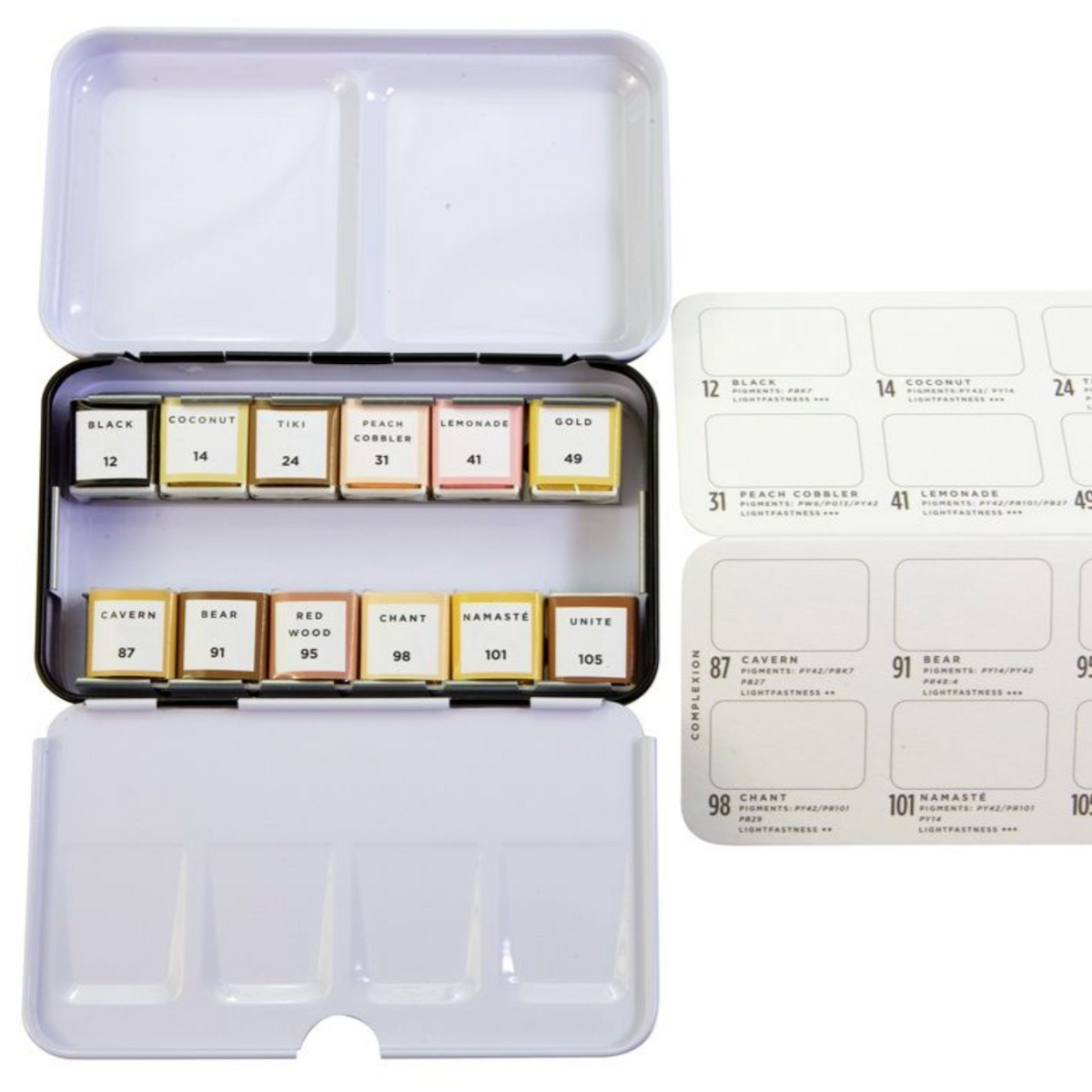 Set of watercolor paint blocks in a carrying case on a white background. 