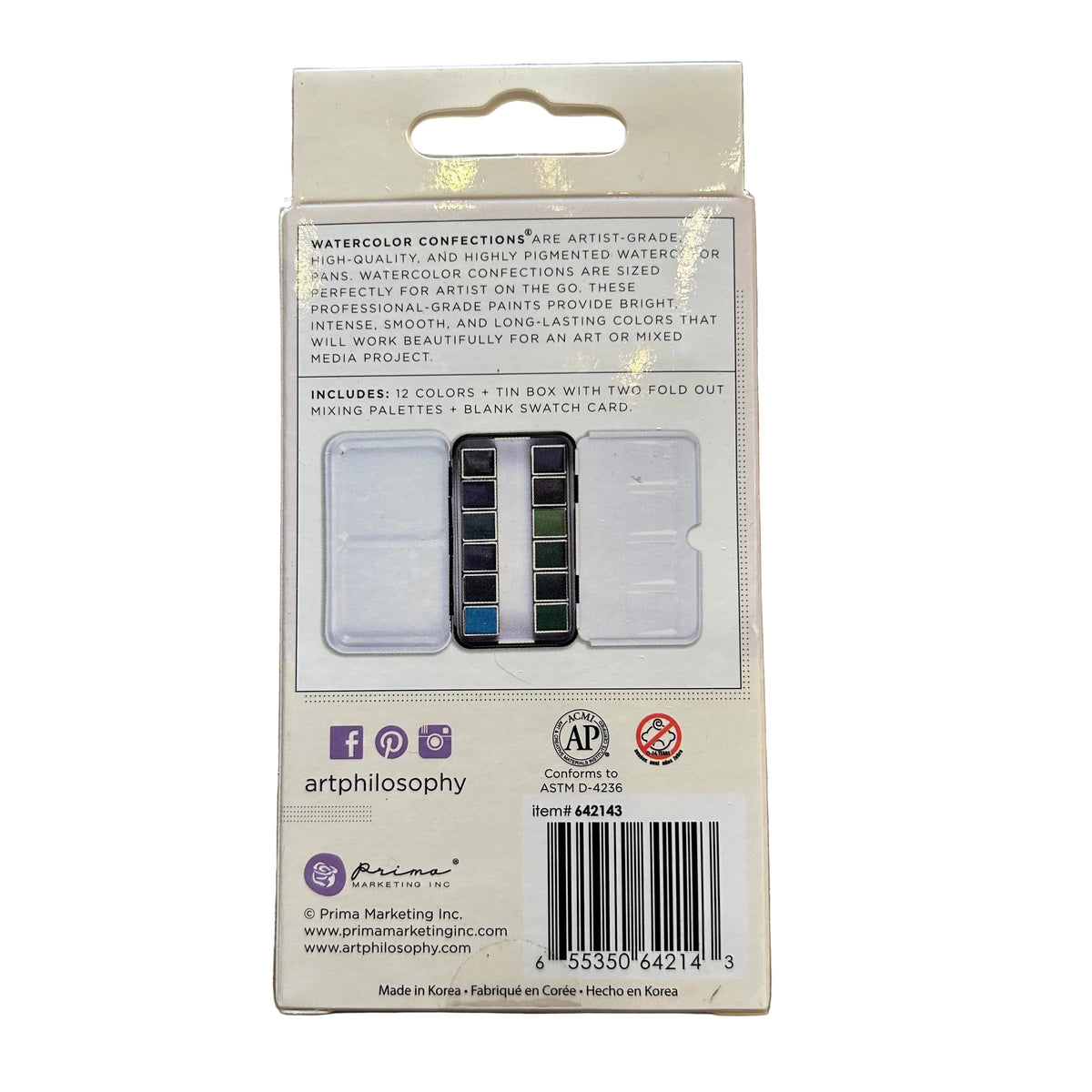 Back of a watercolor set packaging on a white background.