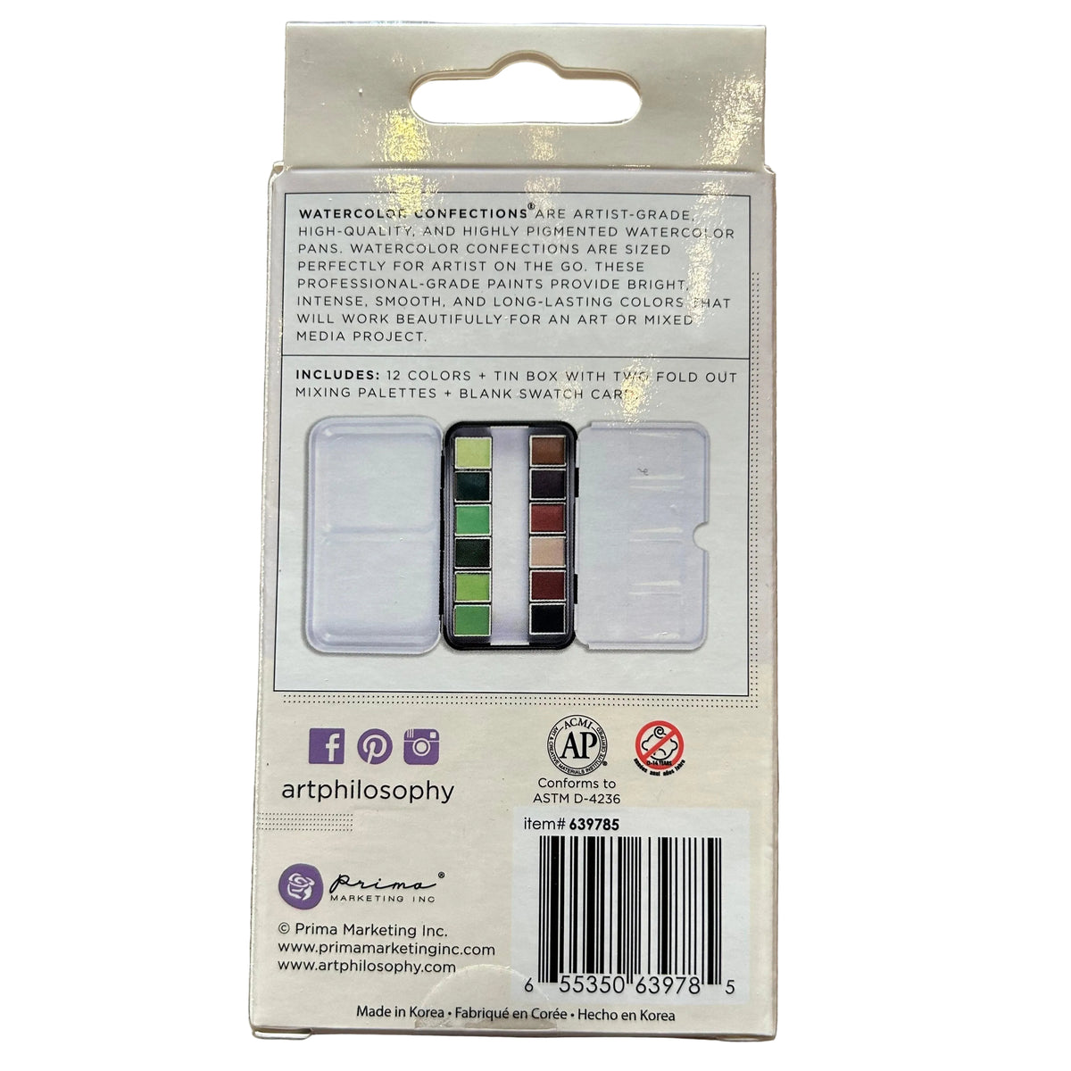 Back of a watercolor paint set packaging against a white background.