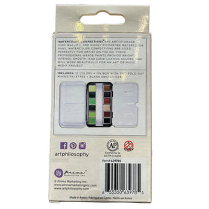 Back of a watercolor paint set packaging against a white background.