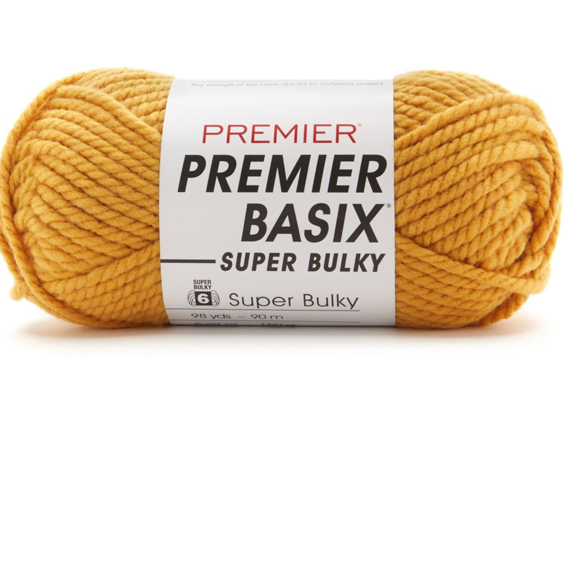 Yellow yarn ball with a white label on a white background. 