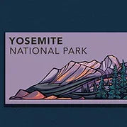 Yosemite National Park sticker with mountains and trees on a purple background. 