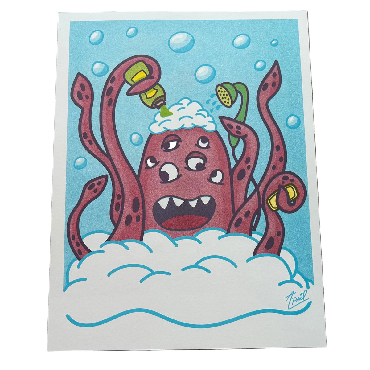 Art print of a many armed and many eyed red monster shampooing its hair in the bath against a bubbly blue background. 