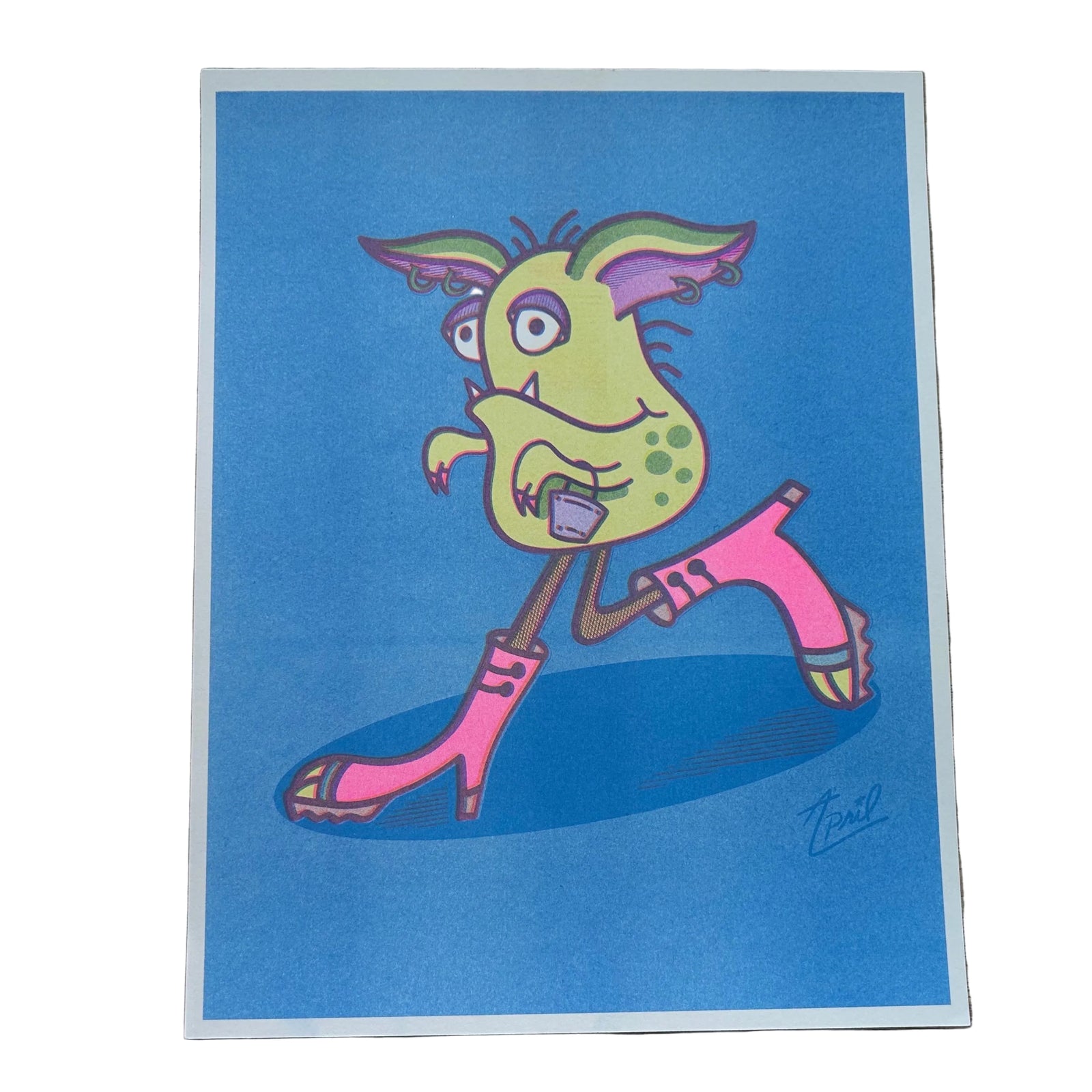 A rectangular art print featuring a cartoon monster character with green skin, pink high heels, and purple ears, set against a solid blue background.
