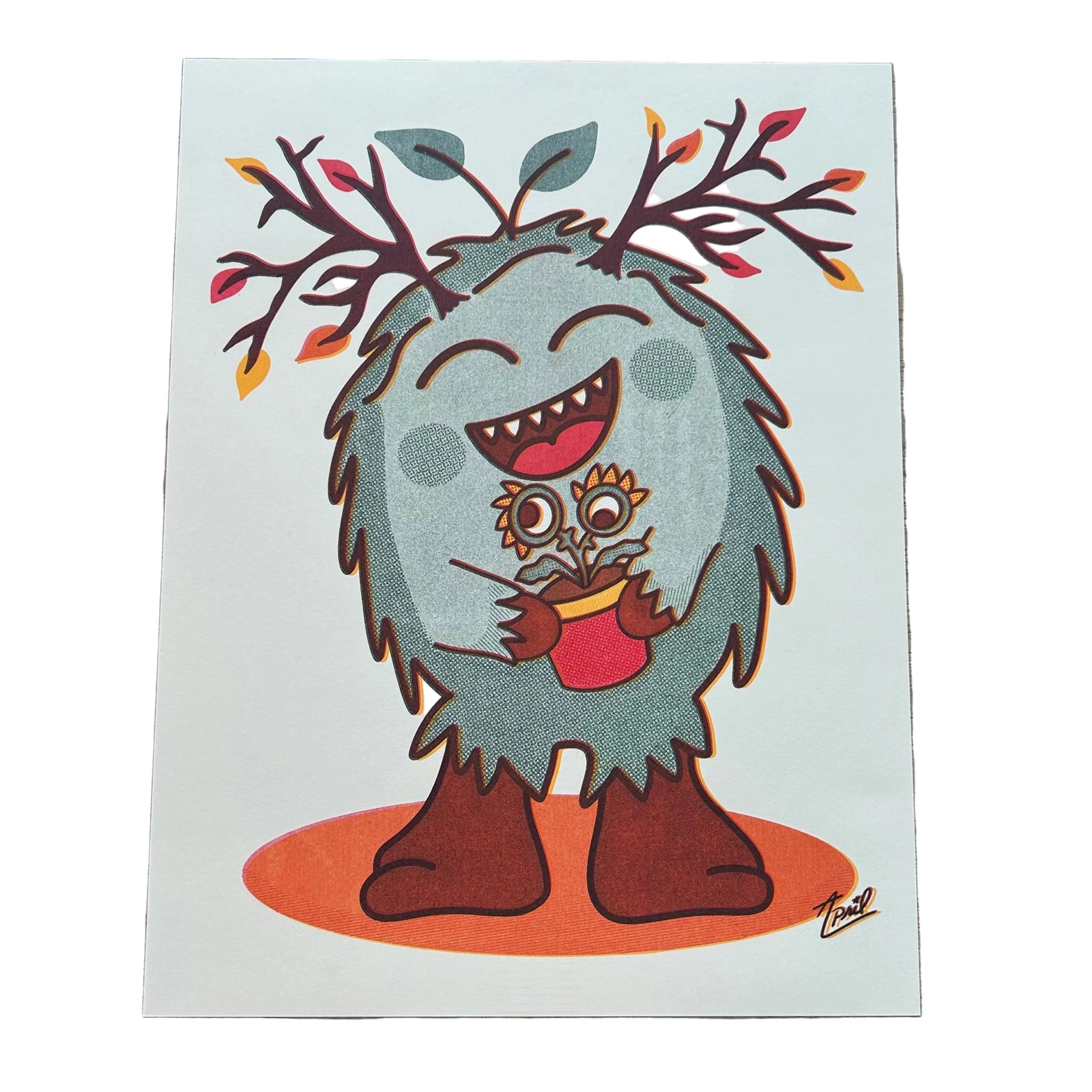 An art print of a gray furry monster with branch-like antlers holding a flower with two eyeballs.