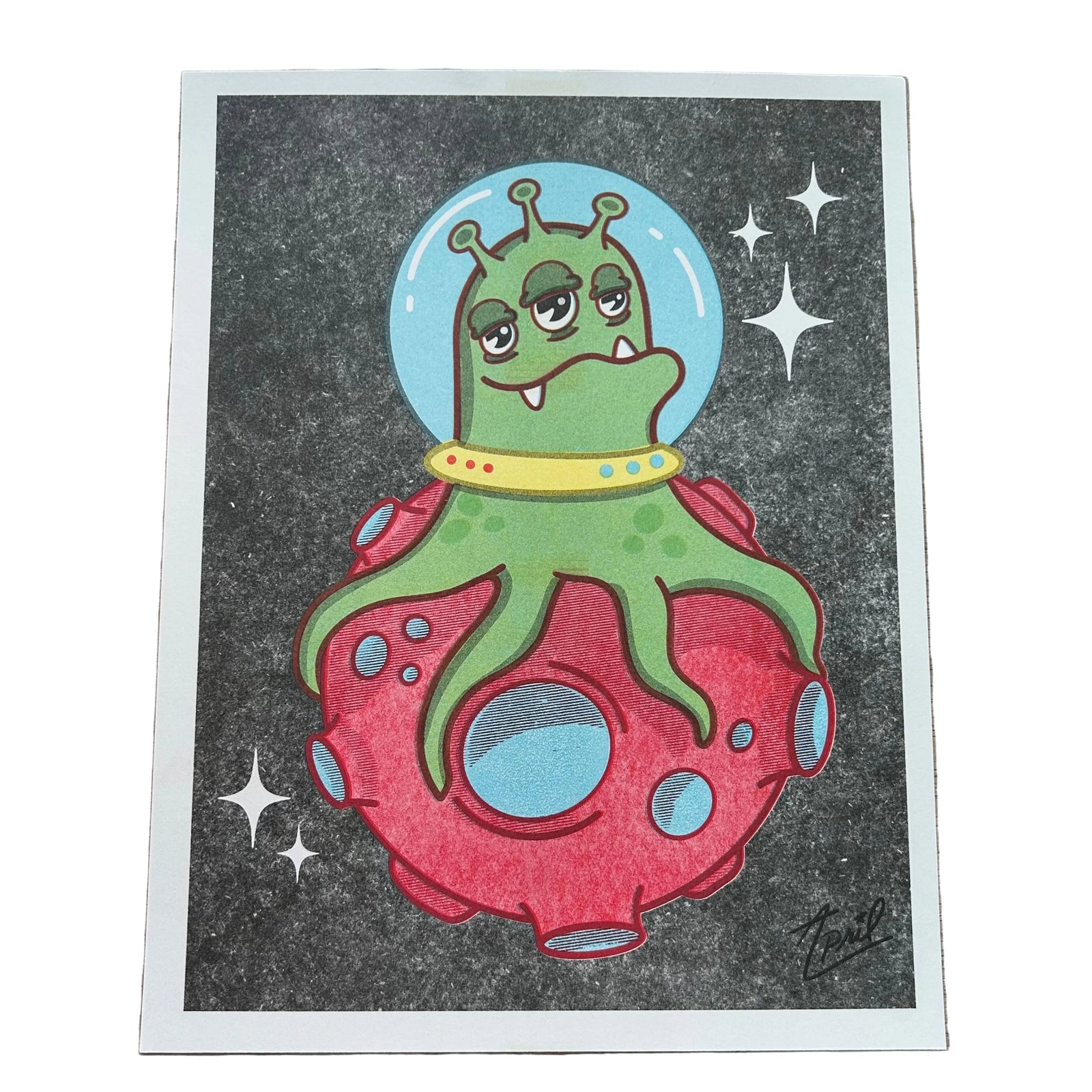 An art print of a green alien monster wearing a space helmet on top of a red asteroid against a black background with white stars. 