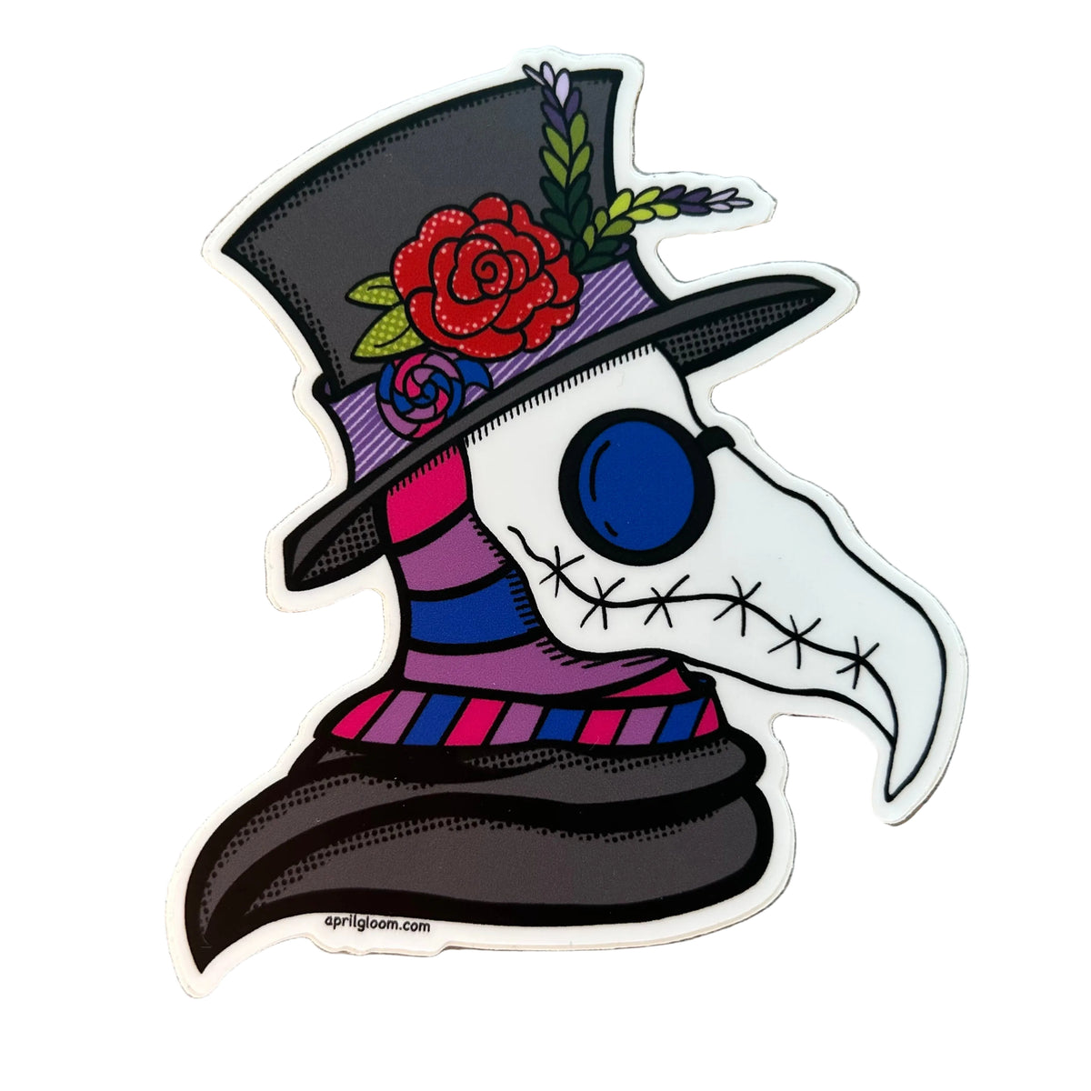 A sticker of a plague doctor in profile with a top hat and mask and a scarf with the colors of the bisexual pride flag. 