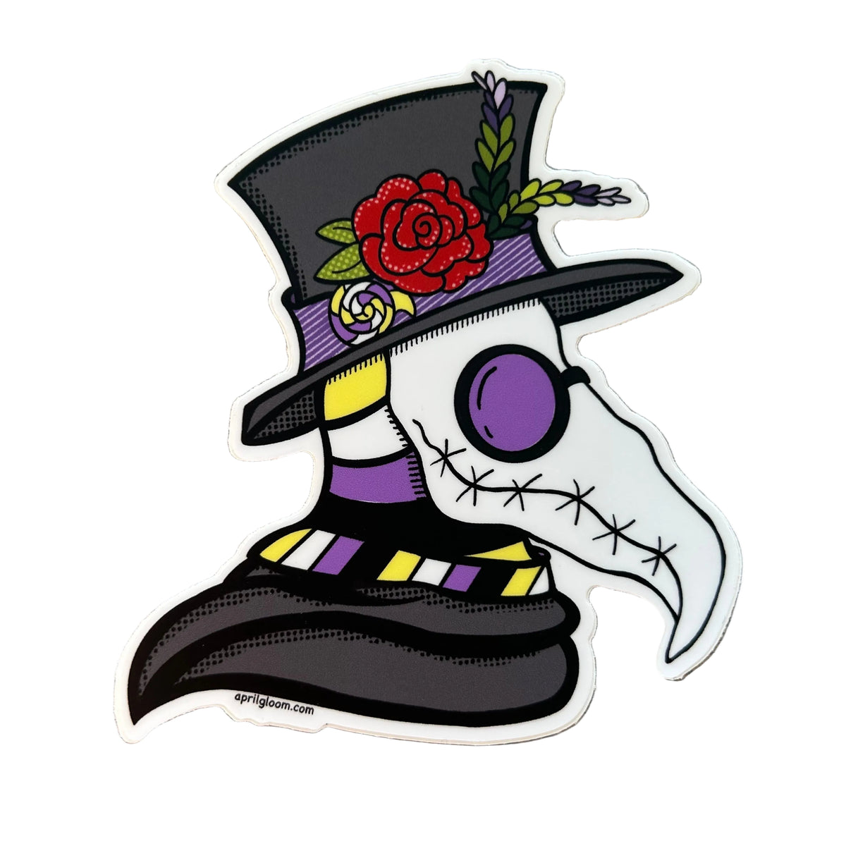 Sticker of a plague doctor with a top hat and mask and scarf in the colors of the nonbinary pride flag. 