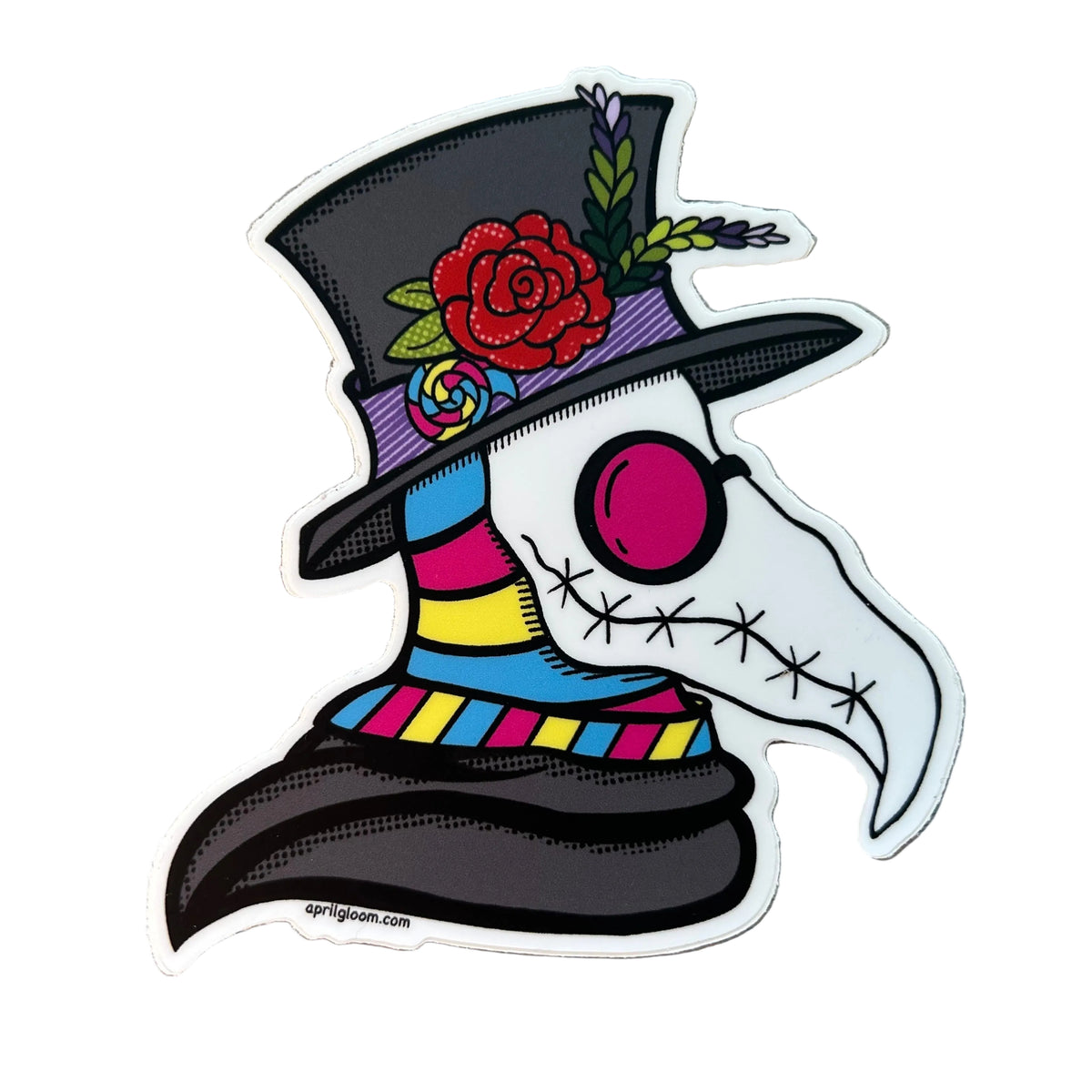 Sticker of a plague doctor with a top hat and mask and a scarf with the colors of the pansexual pride flag. 