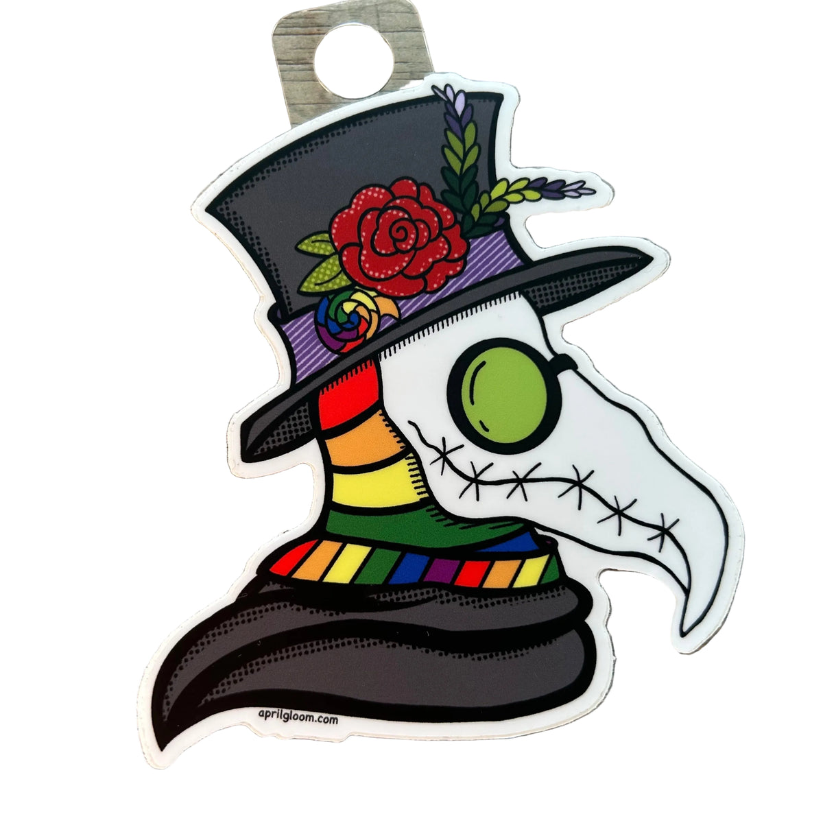 Sticker of a plague doctor with a mask and top hat and scarf in rainbow colors. 