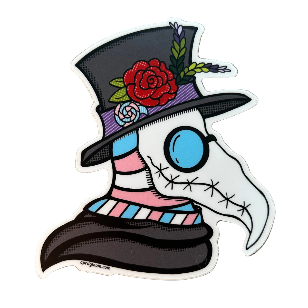 Sticker of a plague doctor with a top hat and mask and scarf with the colors of the trans pride flag. 