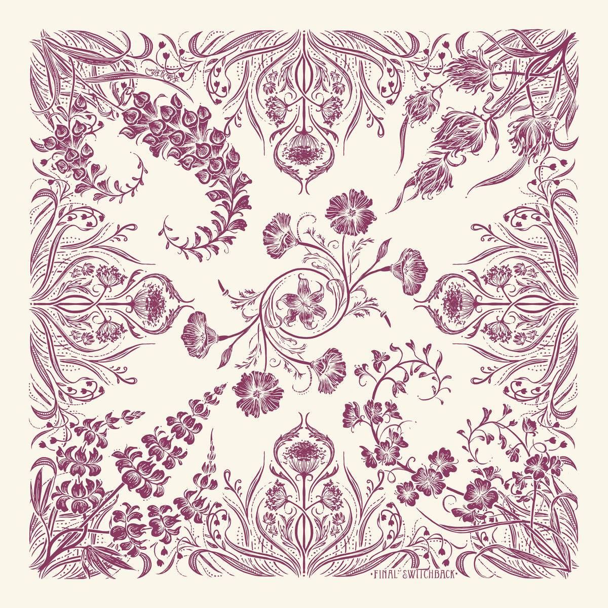 Decorative floral pattern with intricate wildflower designs on a light background. 