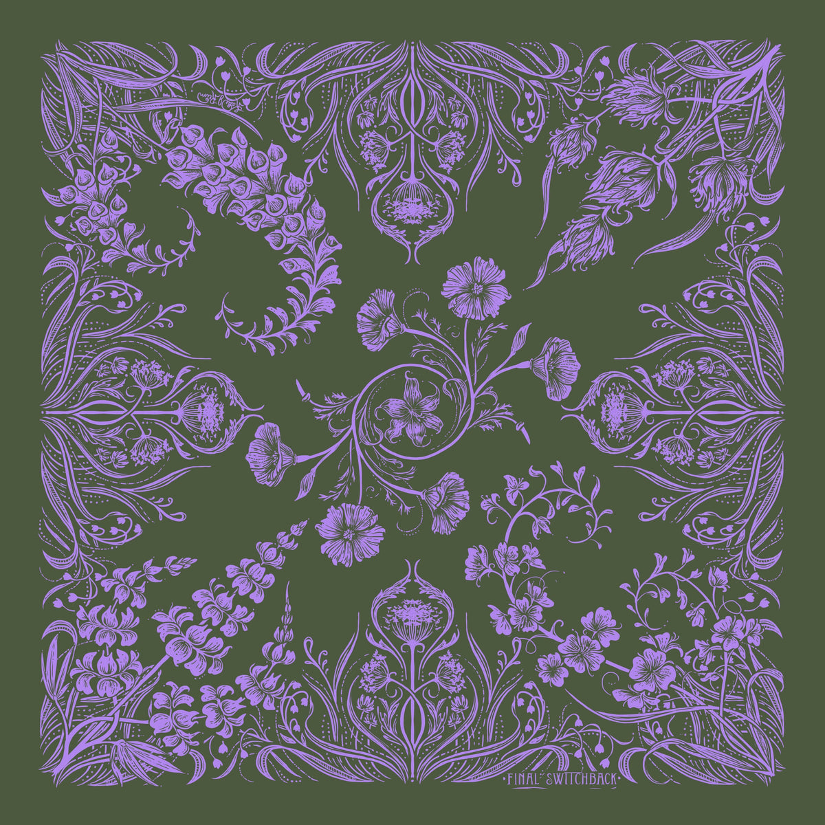 Decorative purple floral and leaf pattern on a green background. 