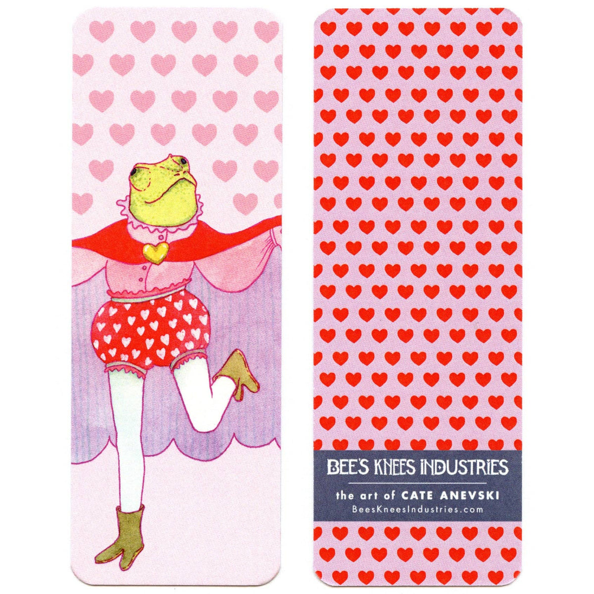 Bookmark with heart patterns on one side  and a chameleon illustration on the other, branded by Bees Knees Industries.