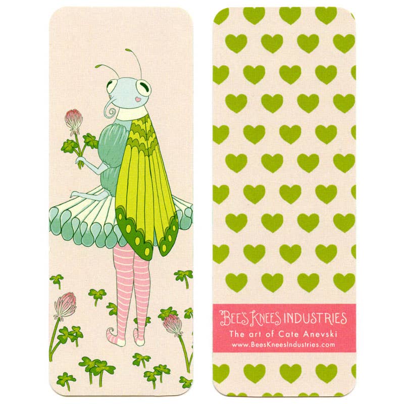 Bookmark with a butterfly illustration and heart pattern, featuring Bee's Knees Industries branding.