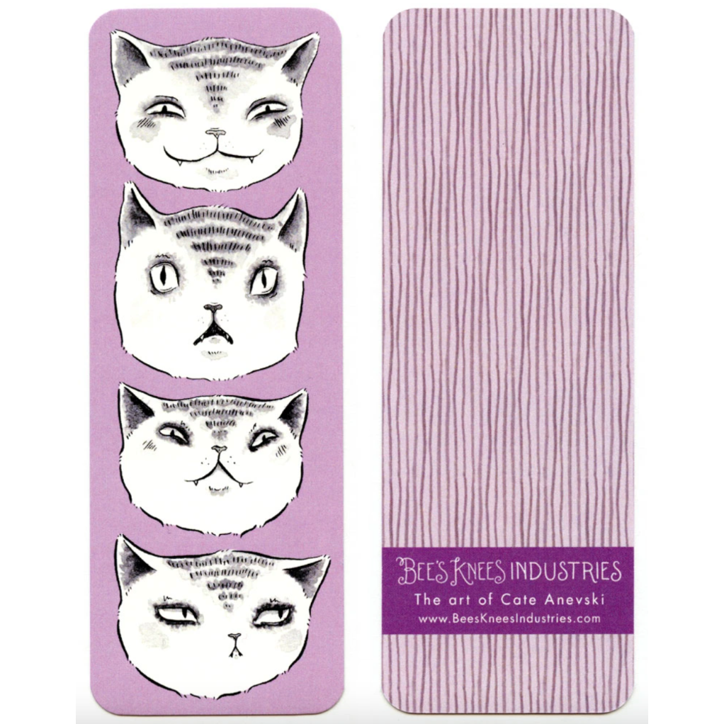 A bookmark with illustrations of four cats making different expressions on one side and purple stripes on a white background on the other side. 