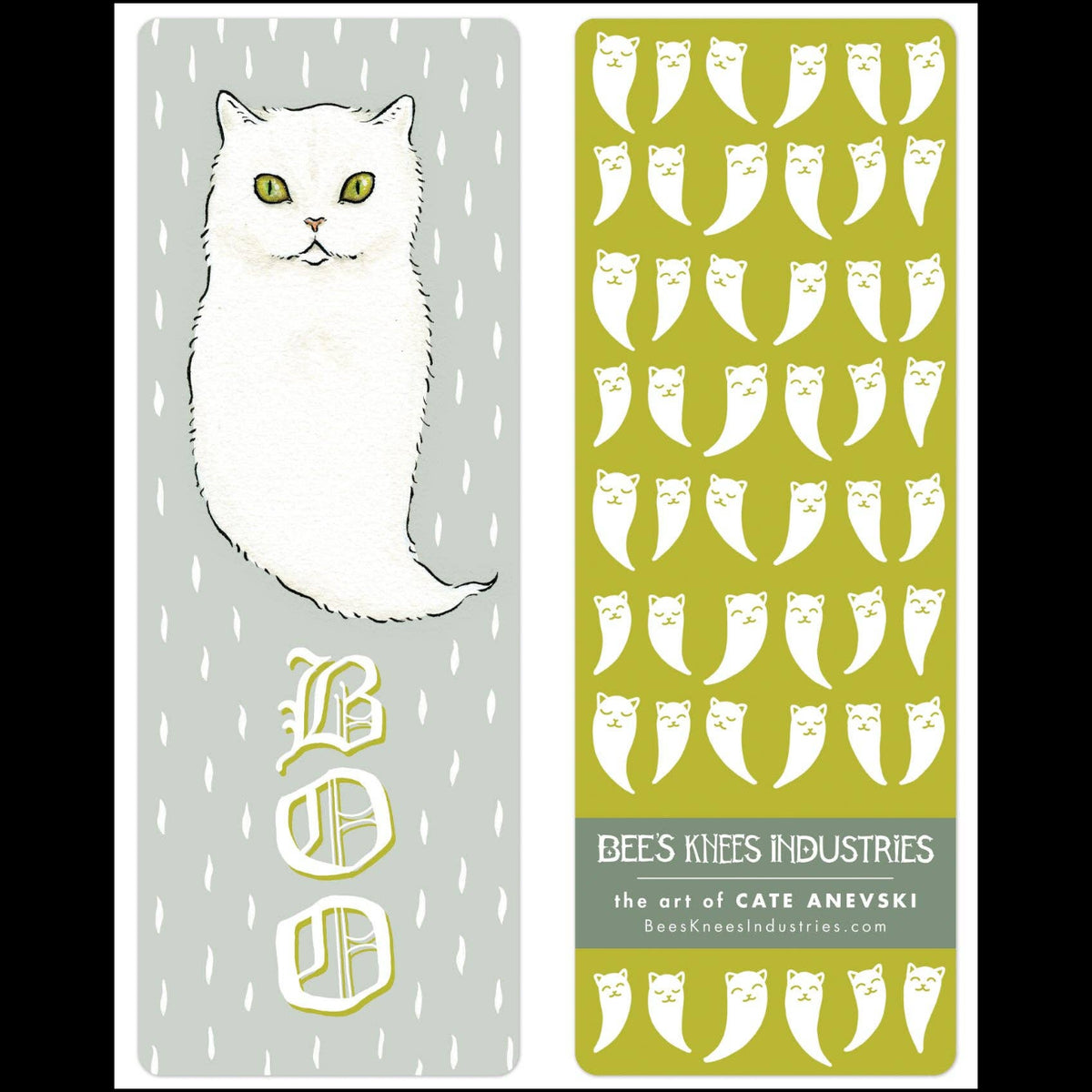 Bookmark with a white cat illustration on one side and patterned design on the other, featuring 'Bees Knees Industries' branding.