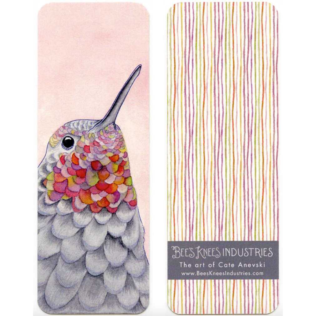 Bookmark that has a closeup illustration of a hummingbird on one side and multicolor stripes against a white background on the other. 