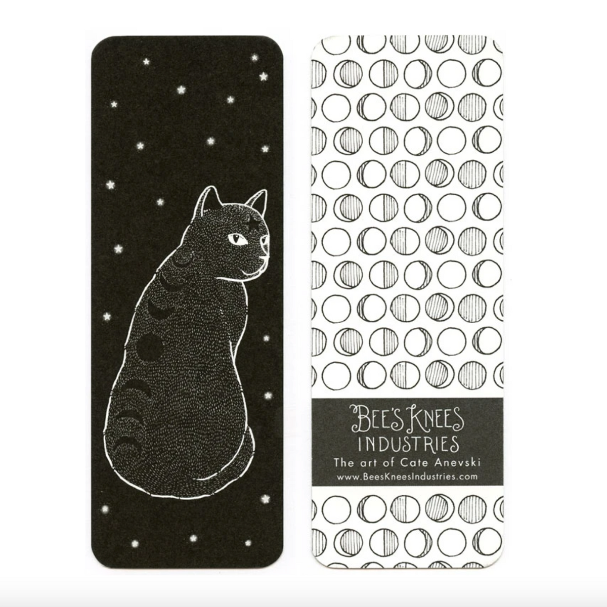 A bookmark with a black cat with the phases of the moon on its back on one side and line drawings of moon phases on the other. 