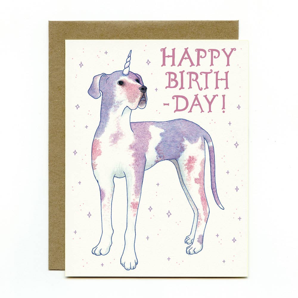 Birthday card with a dog unicorn illustration and 'Happy Birthday!' text.