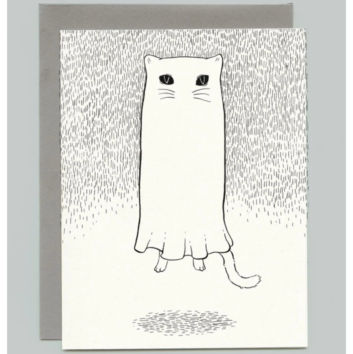 Card with a black and white line drawing illustration of a ghost with cat ears, whiskers, paws, and a tail floating in the air. 