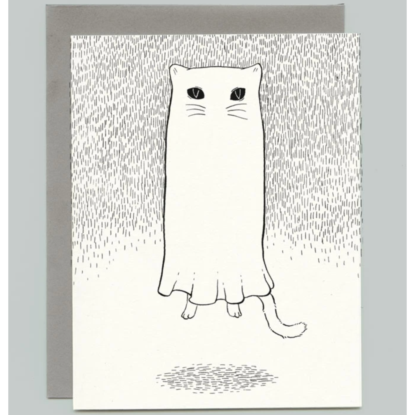 Card with a black and white line drawing illustration of a ghost with cat ears, whiskers, paws, and a tail floating in the air. 