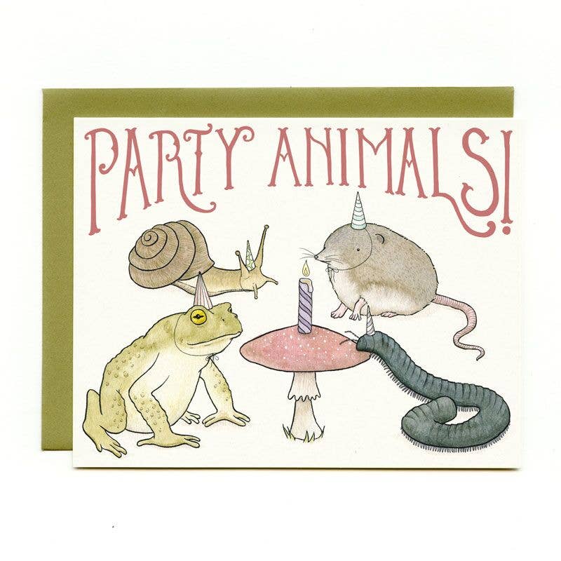 Card with illustrations of party animals including a frog, snail, mouse, and worm with birthday hats and a candle in a mushroom.