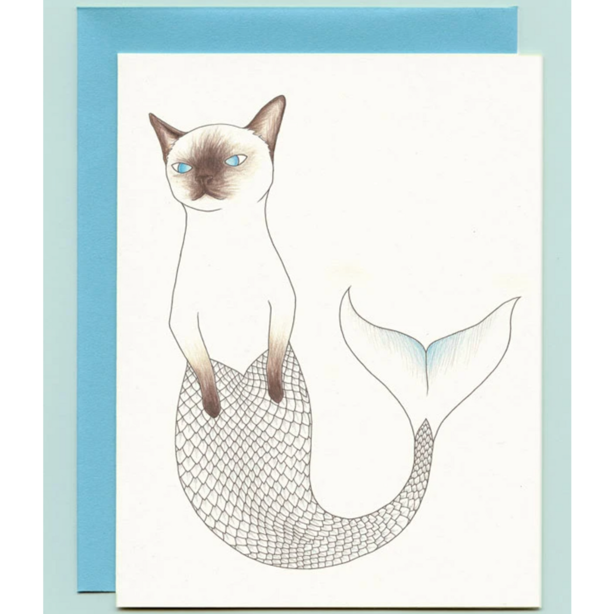 Card with an illustration of a siamese cat with a mermaid tail.