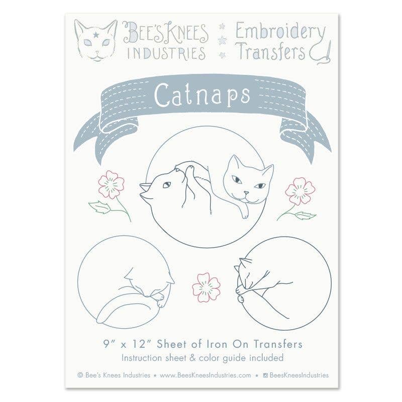 Sheet of iron-on transfers with cat designs and branding for Bees Knees Industries.