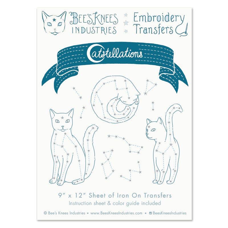 Sheet of cat-themed embroidery transfers with 'Bees Knees Industries' branding on a white background.