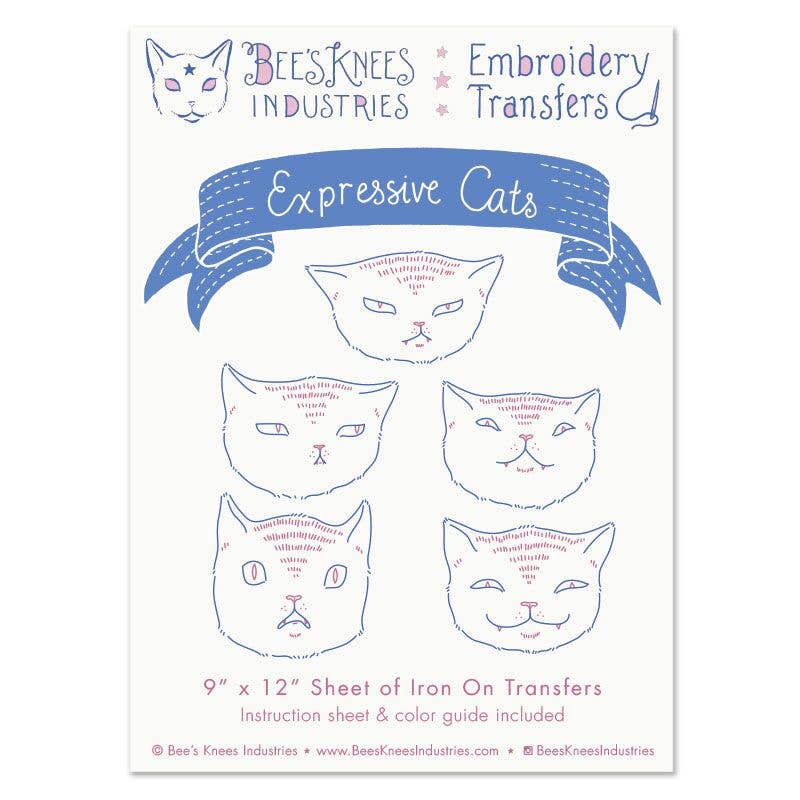Sheet of iron-on transfers with cat designs by Bee's Knees Industries on a white background.
