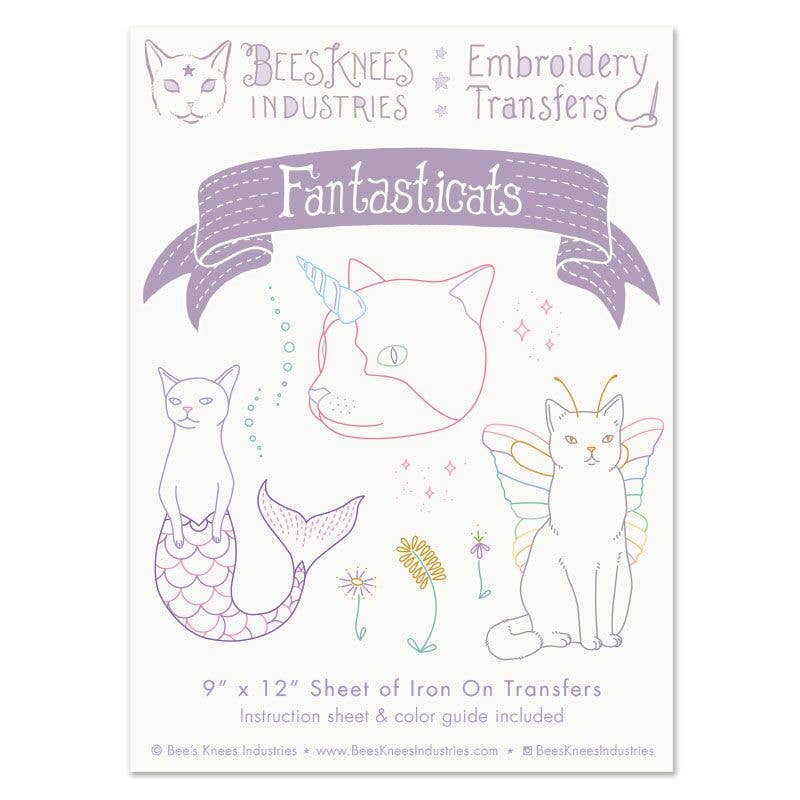Embroidery transfers with cat designs on a white background