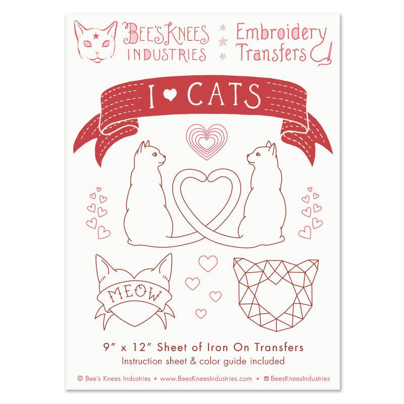Embroidery transfers with cats and 'I ❤️ Cats' design on a white background