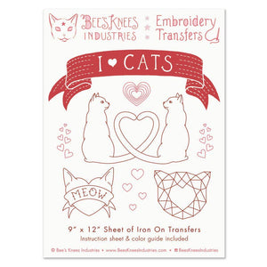 Embroidery transfers with cats and 'I ❤️ Cats' design on a white background