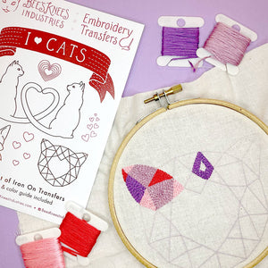 Embroidery hoop with cat design, thread spools, and embroidery transfer paper on a purple background