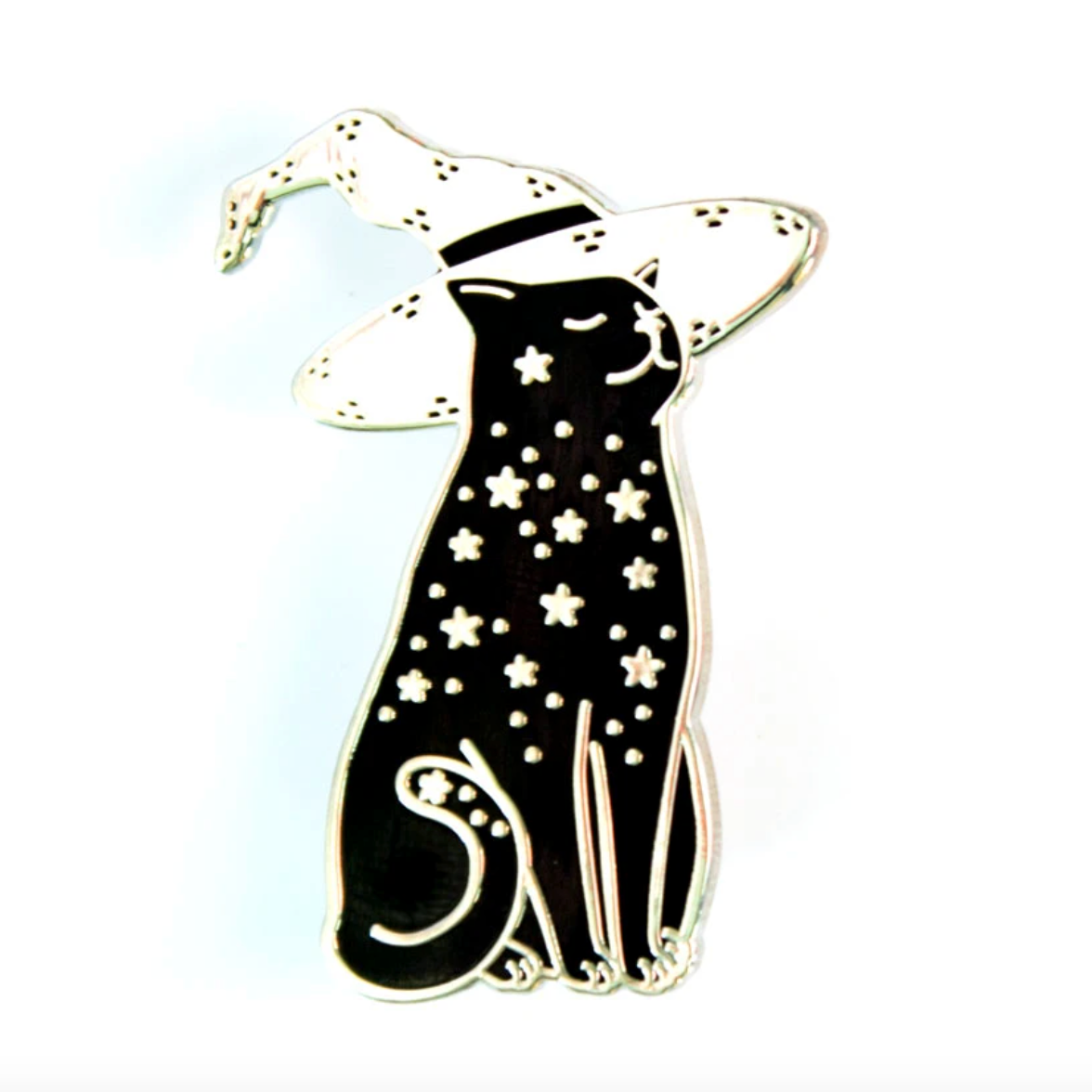 An enamel pin of a black cat with a star pattern on its body wearing a witch hat. 