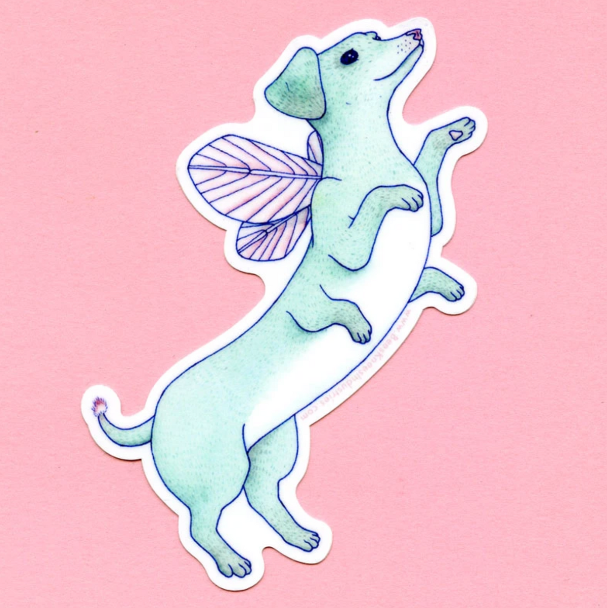 Sticker of a blue dachshund with six legs and a pair of pink fairy wings against a pink background. 
