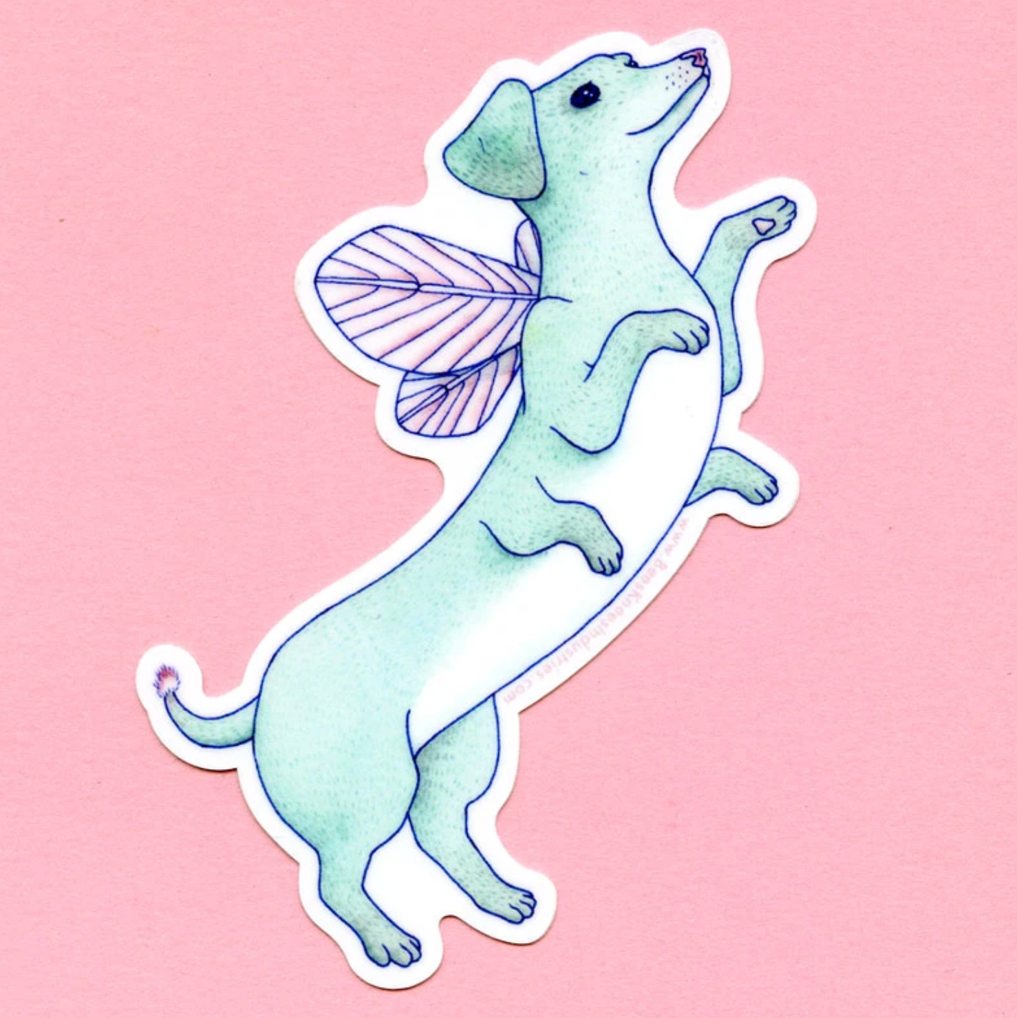 Sticker of a blue dachshund with six legs and a pair of pink fairy wings against a pink background. 