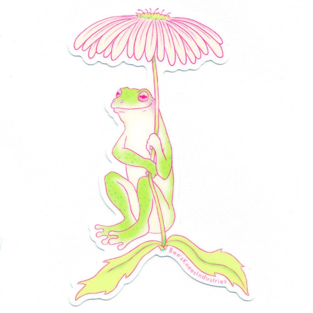 Colorful illustration of a frog holding a flower-like umbrella on a white background