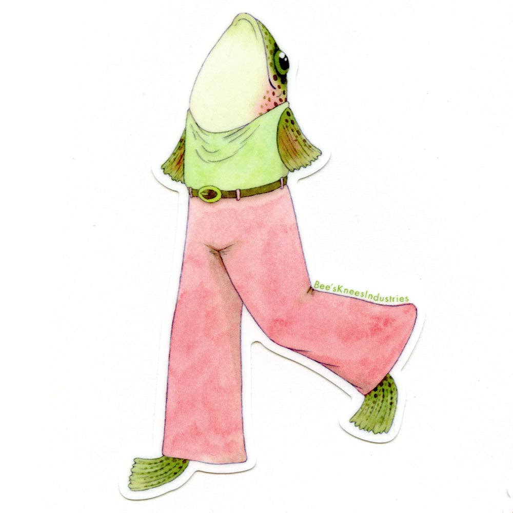 Cartoon character with a fish head and pink pants on a white background