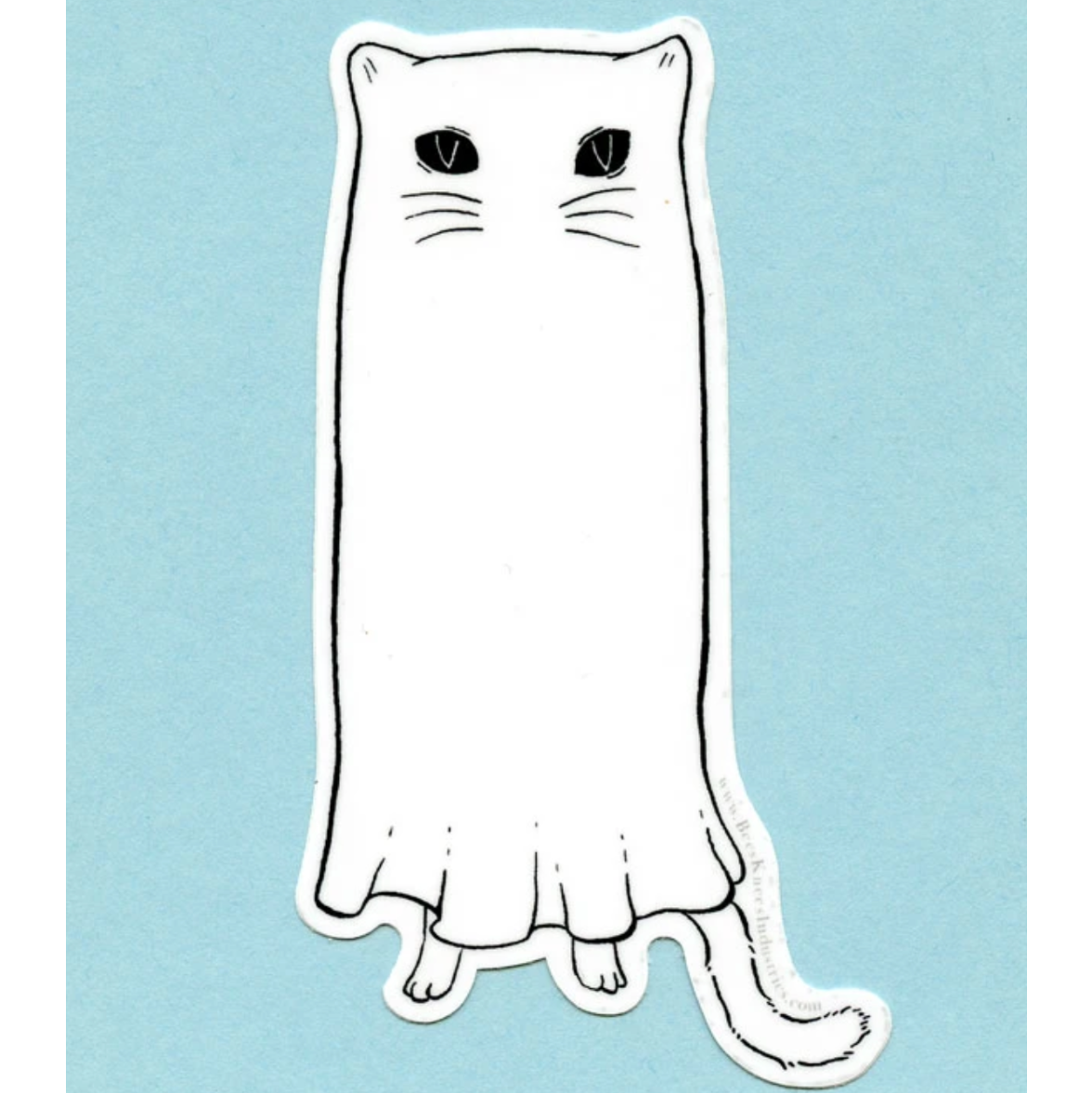 A black and white illustration of a cat-shaped ghost with black eyes against a light blue background.