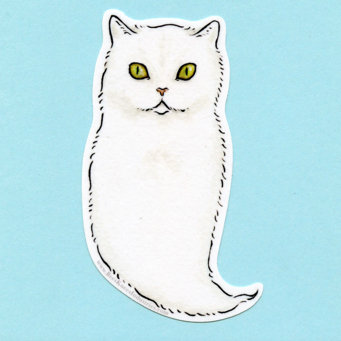 A sticker of a white cat ghost with green eyes against a blue background