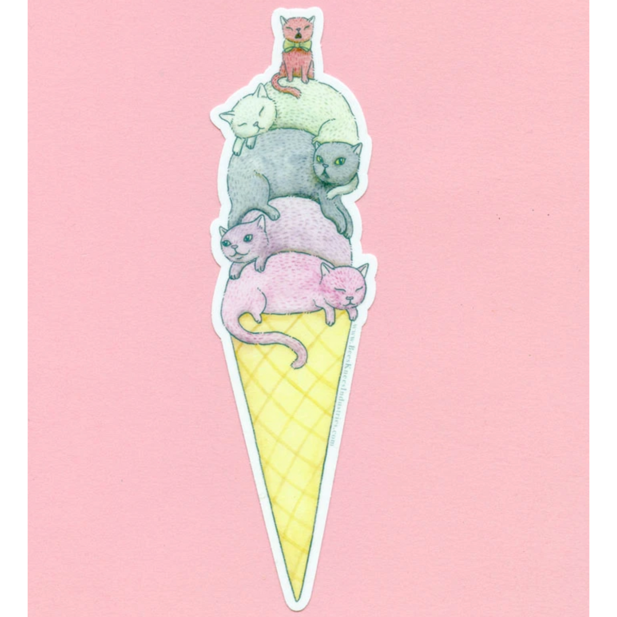 A sticker of a pile of rainbow cats on top of an ice cream cone against a pink background. 