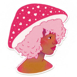 Sticker of a person with pink hair and a pink polka dot mushroom hat on a white background