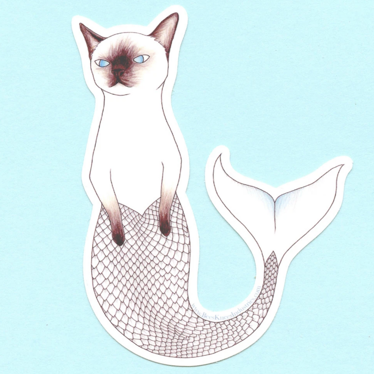 Sticker of a siamese cat with a mermaid tail against a blue background.